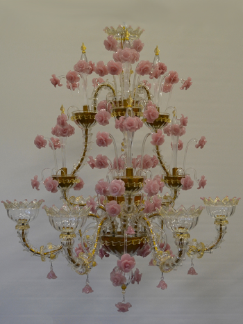 Rezzonico chandelier with 15 lights and pink flowers
